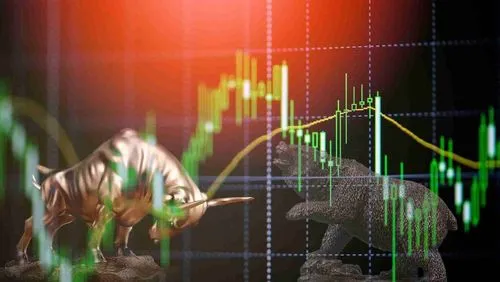 A depiction of a bull and bear figure amidst green trading patterns