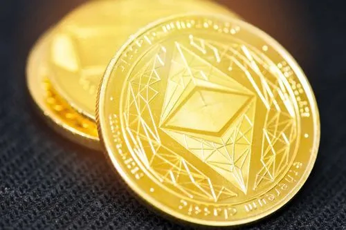 Close-up of Ethereum coins with a detailed emblem on a dark background